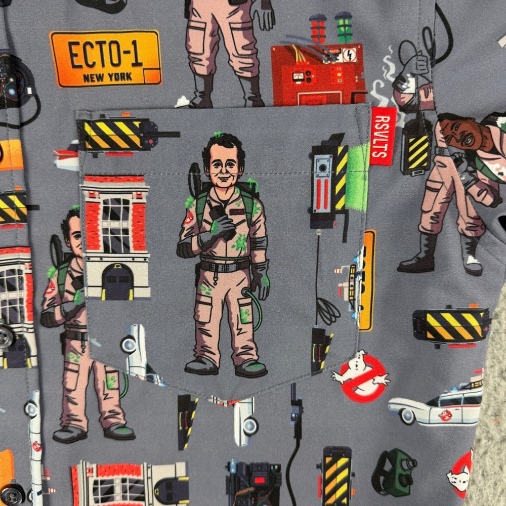 RSVLTS The Roosevelts Ghostbusters Shirt Men S Grey AOP Button Down Short Sleeve - Picture 8 of 10